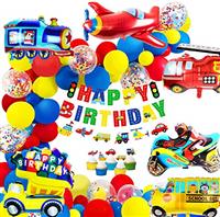 iZoeL Birthday Decoration for boys Happy Birthday Banner Cars School Bus Train Fire Truck Motorcycle Plane Balloons Transport Vehicles Cake Topper Kids 1st 2nd 3rd 4th 5th