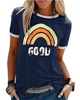 Yuson Girl Women Summer Sunshine Letter Print T Shirt Rainbow Graphic Tee Shirts Basic Round Neck Short Sleeve Vintage Shirts Crew O Neck Tank Tops Loose Casual Slim Fit Shirts Tops