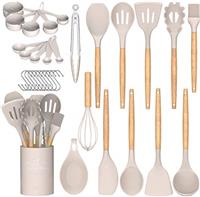 Umite Chef Kitchen Cooking Utensils Set, 24 pcs Non-Stick Silicone Spatula Set with Holder, Wooden Handle Heat Resistant Kitchen Gadgets (Khaki)