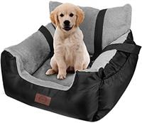 GoFirst Dog Car Seat for Small Dogs or Cats, Pet Booster Seat Travel Car Bed with Storage Pocket and Clip-On Safety Leash, Waterproof Warm Plush Dog Car Safety Seats