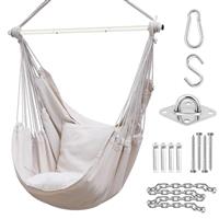 Hanging Chair Cotton Swing Chair with Hardwares, Ohuhu XL Portable Hammock Chair with Cushions Installation Kit Detachable Metal Support Bar Side Pocket for Indoor Outdoor Home Patio