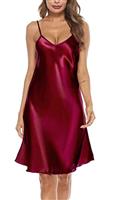 Vlazom Women Negligees Satin Nightdress Spaghetti Strap Chemises Slip V Neck Sleepwear Nightgown