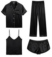 SWOMOG 4PC Pyjama Set for Women Silk Satin Pyjamas Sleepwear Set Soft Loungewear Pjs Bridesmaid Pj Set