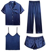 SWOMOG 4PC Pyjama Set for Women Silk Satin Pyjamas Sleepwear Set Soft Loungewear Pjs Bridesmaid Pj Set