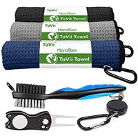 ToVii Golf Towel Microfiber Waffle Pattern Club Groove Cleaner Brush Foldable Divot Tool with Magnetic Golf Gifts Accessories Set Black
