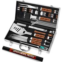 ROMANTICIST 29pcs BBQ Grill Tool Set for Men Dad, Heavy Duty Stainless Steel Grill Utensils Set, Non-Slip Grilling Accessories Kit with Thermometer, Mats in Aluminum Case for Travel, Outdoor