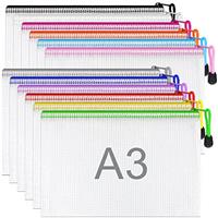 A4 Plastic Wallets, 12PCS Zipper File Bags Plastic Folders Mesh Zip Lock Document Wallet Travel Storage Pouch for Household Bills, Receipts, Office Supplies and Travel Accessories, Waterproof