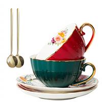 A-SZCXTOP Porcelain Tea Cups Set of 2,Ceramic Coffee Cup (225 ml) with Saucers Spoon Gift Box,European Couple Bone China Tea Set