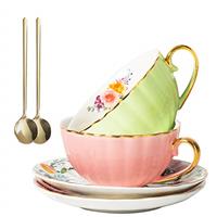 A-SZCXTOP Porcelain Tea Cups Set of 2,Ceramic Coffee Cup (225 ml) with Saucers Spoon Gift Box,European Couple Bone China Tea Set