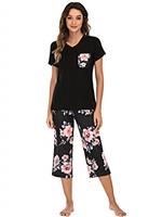 Famulily Pajamas Women Cotton Comfy Pajamas, Ladies Pyjamas Set Floral Printing Short Sleeve Loungewear Top and Wide Leg Pants Cropped Trousers Soft Nightwear Sleepwear S-XXL