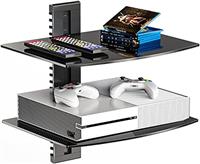 suptek Glass Floating Shelves, TV Wall Mount with Shelf for DVD Player / PS4 / Cable Boxes/Game Consoles/Sky Box/TV Accessories, Media Shelf, Flat Black Wall Mount Bracket, AV Shelf, 2 Tiers