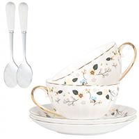 A-SZCXTOP Porcelain Tea Cups Set of 2,Ceramic Coffee Cup (225 ml) with Saucers Spoon Gift Box,European Couple Bone China Tea Set