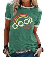 WIEIYM Women's T-Shirts Short Sleeve Round Neck T Shirt Rainbow Graphic Summer Tee Shirts Ladies Casual Tee Tops with Good Vibes Letter Printed S-XXL