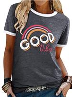 WIEIYM Women's T-Shirts Short Sleeve Round Neck T Shirt Rainbow Graphic Summer Tee Shirts Ladies Casual Tee Tops with Good Vibes Letter Printed S-XXL