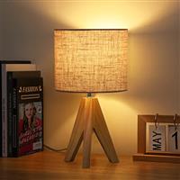 EDISHINE 36cm Wood Bedside Table Lamp, Tripod Desk Lamp with Beige Linen Lampshade, On-Off Switch, Desk Lamps for Reading, Bedroom, Living Room, Study, Office, E27 Base