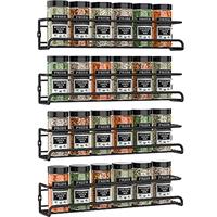 Spice Racks Organiser - 4 Tier Hanging Stainless Steel Wall Mounted with Adhesive Stickers & Screws Kitchen Pantry Shelf for Spices and Condiments, Jars (Black)