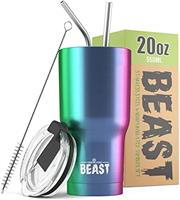 Beast Tumbler | Reusable Stainless Steel, Vacuum Insulated Cup | with + 2 Straws & Cleaning Brush | Double Wall Travel Flask Perfect for Hot or Iced Coffee | BPA Free