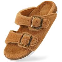 Harvest Land Womens Fluffy Slippers Buckle Flat Cork Footbed