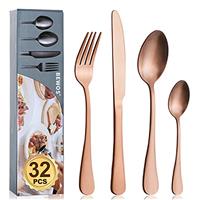BEWOS 32 Piece Black Cutlery Set for 8, Cutlery Includes Forks, Steak Knives and Spoons, Dishwasher Safe Tableware for Home Restaurants