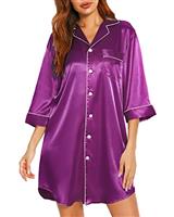 Vlazom Women's Nightgwon Button Down Satin 3/4 Sleeve Nightdress Boyfriend Nightshirt Notch Collar Sexy Sleepshirt