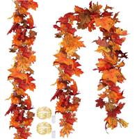 2 Packs Autumn Fall Maple Garland with Led Lights - 11.6Ft Artificial Fall Foliage Garland Autumn Decoration for Home Wedding Party for Home Fireplace Mantle Front Door Thanksgiving Decor