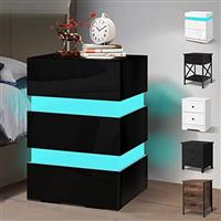 ELFORDSON LED Bedside Table 4-Side High Gloss Nightstand Storage Bedside Cabinet, 2/3 Drawers, White/Black
