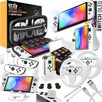 Orzly Accessories Bundle Compatible with Nintendo Switch - Geek Pack: Case & Screen Protector, Joycon Grips & Racing Wheels, Controller Charge Dock, Comfort Grip Case & More - JetBlack