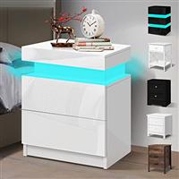 ELFORDSON LED Bedside Table 4-Side High Gloss Nightstand Storage Bedside Cabinet, 2/3 Drawers, White/Black