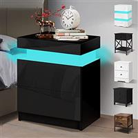 ELFORDSON LED Bedside Table 4-Side High Gloss Nightstand Storage Bedside Cabinet, 2/3 Drawers, White/Black