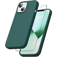 YATWIN Liquid Silicone Case Compatible for iPhone 13 with Tempered Glass Screen Protector, Slim Flexible Soft Full Body Shockproof Phone Case Compatible for iPhone 13 - Pine Green