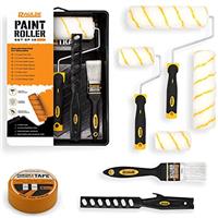 RAULDE 10 Pieces Paint Roller Set - Includes a Paint Tray, Brush, Large and Mini Rollers & Sleeves, Paint Repellent Masking Tape, Paint Mixer - Roller Set for Painting Walls, Edges & Ceilings