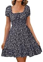 Livonmone Womens Summer Casual Sweetheart Neckline Puff Sleeve Floral Print High Waist Dress Boho Beach Mini Short Dresses