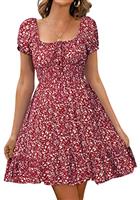 Livonmone Womens Summer Casual Sweetheart Neckline Puff Sleeve Floral Print High Waist Dress Boho Beach Mini Short Dresses