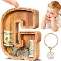 Summidate Wooden Money Bank for Kids Boys Girls Alphabets Letter A-Z Coins Bills Piggy Bank Box Dcor Ornament Educational Toys Gifts