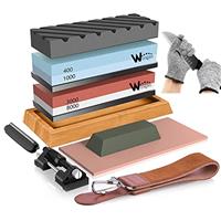 Knife Sharpening Stone Kit - 400/1000 3000/8000 Grit Japanese Whetstone Sharpener Set with Non-Slip Rubber Base Angle Guide Flattening Stone and Leather Strop