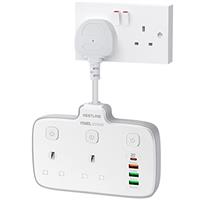 Nestling Plug Extension with 4 USB Ports, 2 Way Multi Power Socket, 6-in-1 2500W Wall Adaptor with 20W D Fast Charger for Home, Office, Kitchen, and Travel