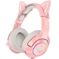 PHNIXGAM Pink Gaming Headset for PS4, PS5, Xbox One(No Adapter), Wired Over-Ear Headphones with Detachable Cat Ears, Microphone, RGB Backlight, Surround Sound for PC, Mobile Phone