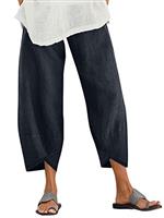 ZANZEA Womens Casual Trousers Cotton Linen Cropped Pants Loose Fit Straight Elasticated Waist Chino Bottoms with Pocket