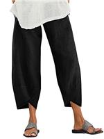 ZANZEA Womens Casual Trousers Cotton Linen Cropped Pants Loose Fit Straight Elasticated Waist Chino Bottoms with Pocket