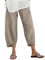 ZANZEA Womens Casual Trousers Cotton Linen Cropped Pants Loose Fit Straight Elasticated Waist Chino Bottoms with Pocket