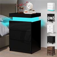 ELFORDSON LED Bedside Table 4-Side High Gloss Nightstand Storage Bedside Cabinet, 2/3 Drawers, White/Black