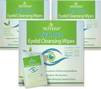 NOVEHA Tea Tree Oil Eyelid & Lash Wipes With Hyaluronic Acid, Green Tea & Chamomile For Blepharitis & Itchy Eyes, Individually Wrapped Eyelash Wipes Natural Makeup Remover & Daily Cleanser (Pack of 3)