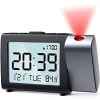 MeesMeek Projection Alarm Clock for Bedroom: Digital LCD Clock with Temperature Date Snooze 12/24H and Weekend Mode, Easy Set Dimmer Clock with 2-Levels Volume, Mains and Battery Operated