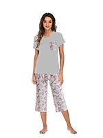 Famulily Pajamas Women Cotton Comfy Pajamas, Ladies Pyjamas Set Floral Printing Short Sleeve Loungewear Top and Wide Leg Pants Cropped Trousers Soft Nightwear Sleepwear S-XXL