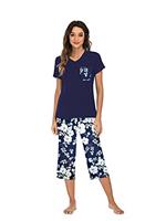 Famulily Pajamas Women Cotton Comfy Pajamas, Ladies Pyjamas Set Floral Printing Short Sleeve Loungewear Top and Wide Leg Pants Cropped Trousers Soft Nightwear Sleepwear S-XXL