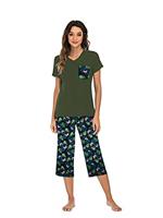 Famulily Pajamas Women Cotton Comfy Pajamas, Ladies Pyjamas Set Floral Printing Short Sleeve Loungewear Top and Wide Leg Pants Cropped Trousers Soft Nightwear Sleepwear S-XXL