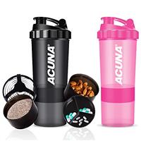 ACUNA Protein Shaker Bottle 600ml (PACK OF 2), 3 Layer Supplement & Pills Storage Cup- Secure Le