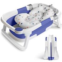 Baby Bath Tub Foldable Bathtub, Collapsible Toddler Bath Tubs with Baths Support Cushion Pad Seat Mat
