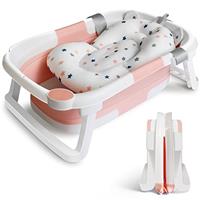 Baby Bath Tub Foldable Bathtub, Collapsible Toddler Bath Tubs with Baths Support Cushion Pad Seat Mat
