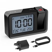 CHEREEKI Projection Alarm Clock, Digital Projector Clock Mains Powered Bedside with Big Digit Display, Indoor Temperature Display, Snooze, 4 Adjustable Brightness for Bedroom, Home(Black)